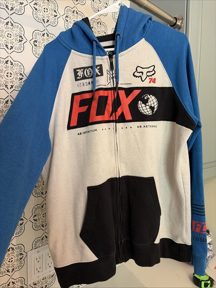 Fox Racing Full Zip Hoodie Size Medium Blue White Long sleeve Color block Y2K