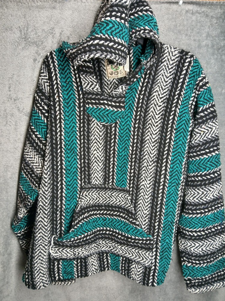 Baja Joe Woven Jerga Blue/White Black Pullover Hoodie Sweatshirt Size S