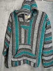 Baja Joe Woven Jerga Blue/White Black Pullover Hoodie Sweatshirt Size S