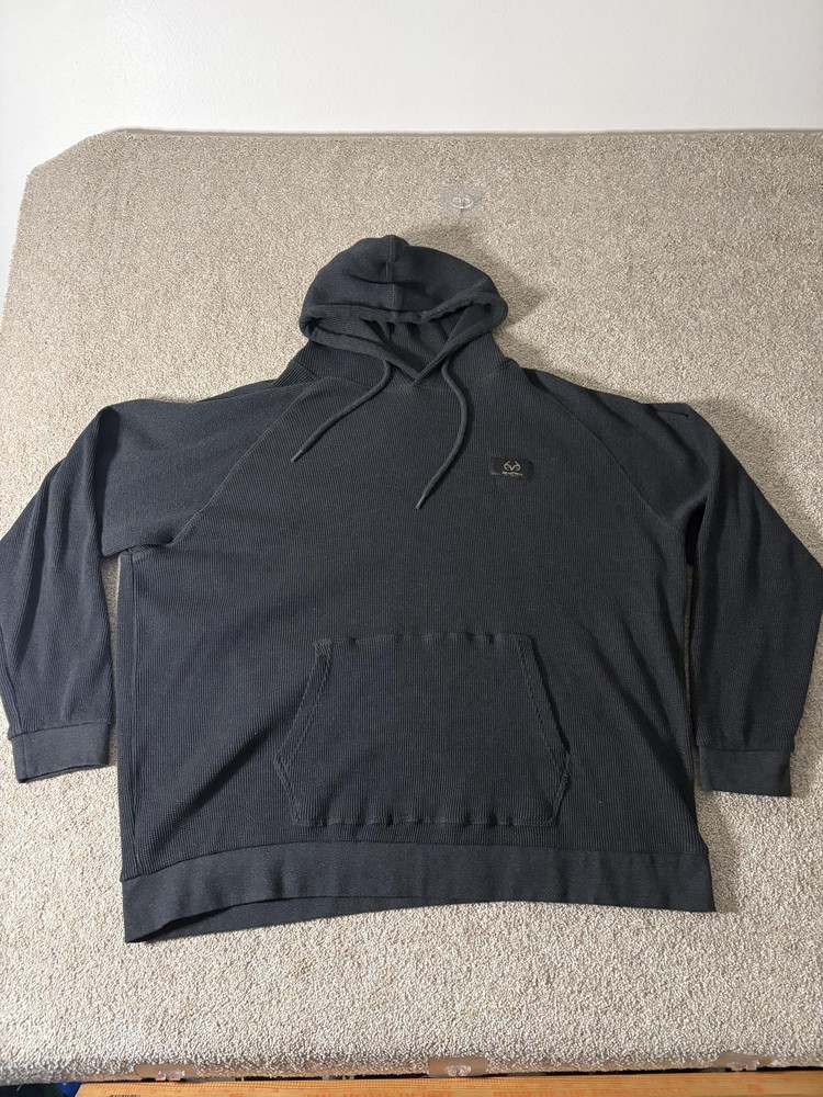 Realtree Hoodie Mens Large Gray Thermal Knit Pullover Kangaroo Sweatshirt Logo