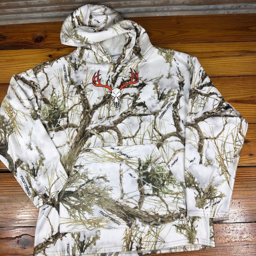 Vtg True Timber men size Large white snow camo pull over fleece hoodie USA