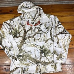Vtg True Timber men size Large white snow camo pull over fleece hoodie USA