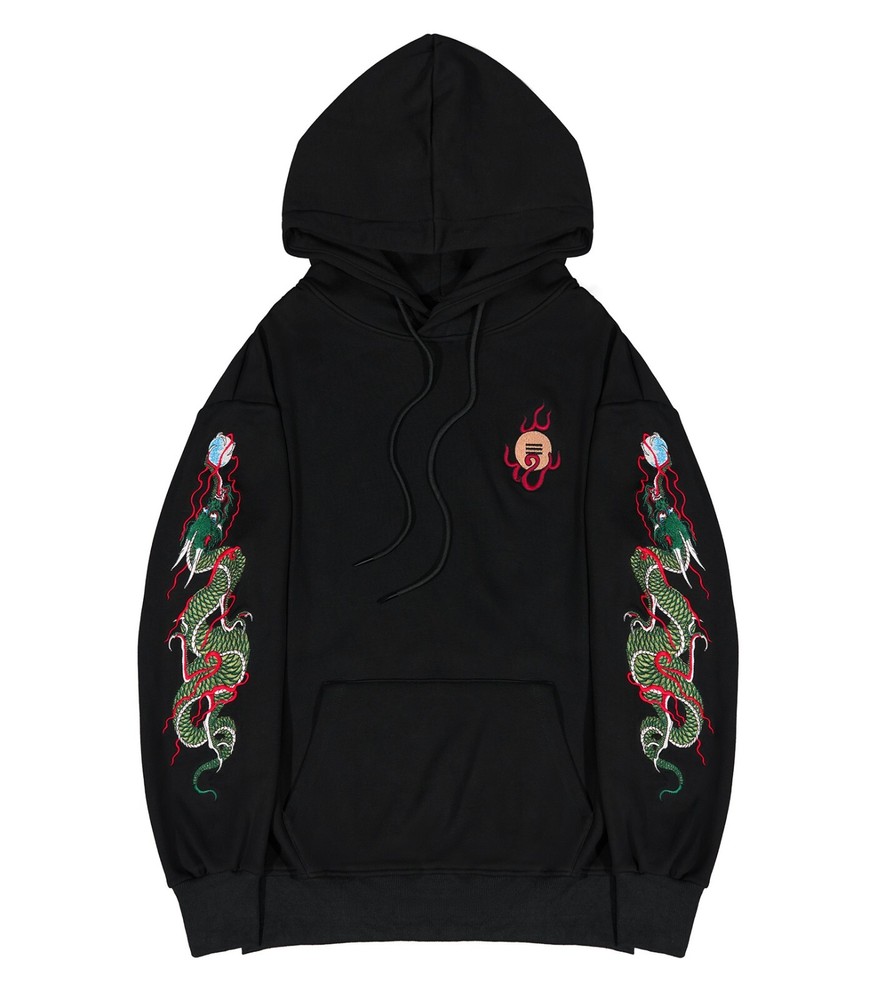 Niepce Streetwear Japanese Embroidered Hoodie Green Dragon Pullover Sweatshirt