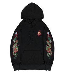 Niepce Streetwear Japanese Embroidered Hoodie Green Dragon Pullover Sweatshirt