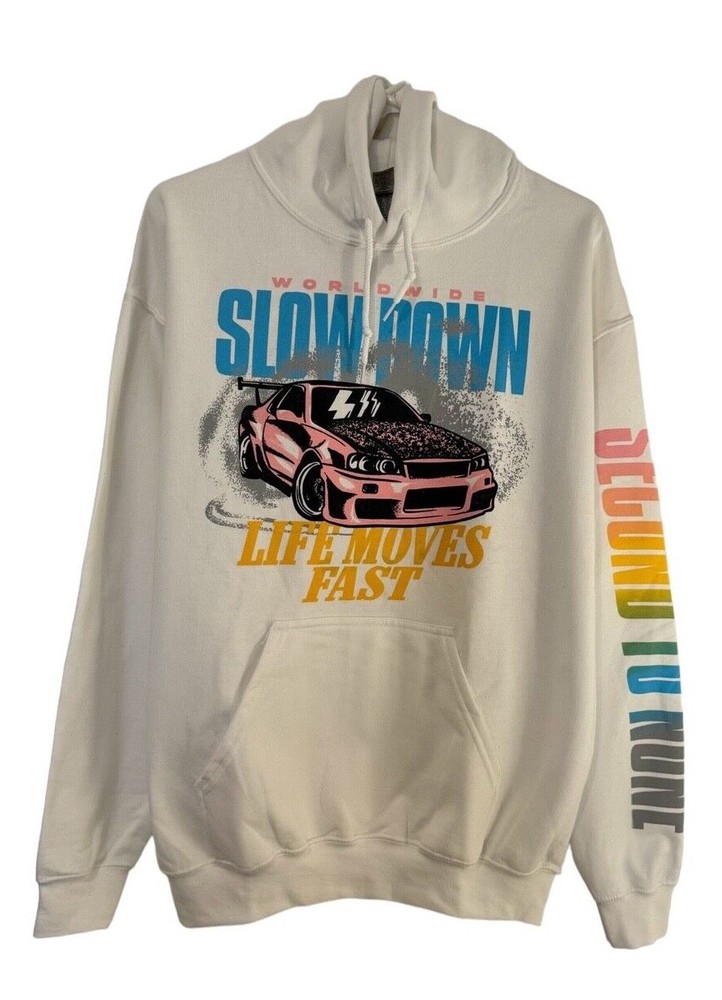 Rue21 Hoodie White Design Worlwide Slow Down Cotton Fleece Unisex Sweatshirt