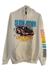 Rue21 Hoodie White Design Worlwide Slow Down Cotton Fleece Unisex Sweatshirt