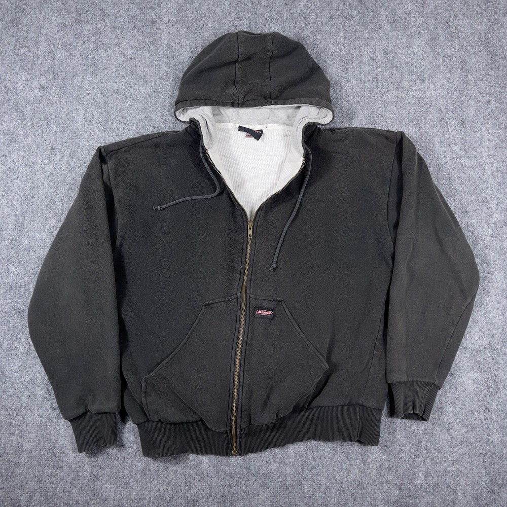 Vintage Dickies Faded Full Zip Hoodie Mens L Black Thermal Lined Waffle Workwear
