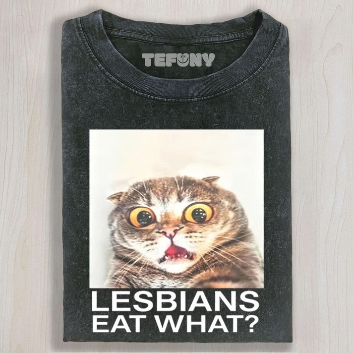 LESBIANS EAT WHAT SHOCKED CAT MEME UNISEX TEE