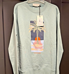 LANVIN Paris Luxury Pullover XL Resortwear Sage Green Palm Tree Sunset Graphic