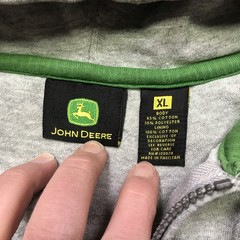 John Deere Mens Gray Full Zip Hoodie Sweatshirt XL Tractor Graphic Stained Read
