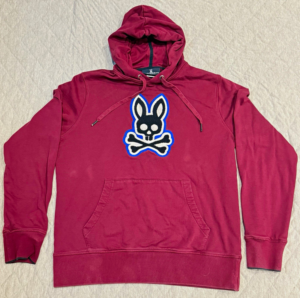 Psycho Bunny Burgundy Logo Patch Pullover Hoodie Men M