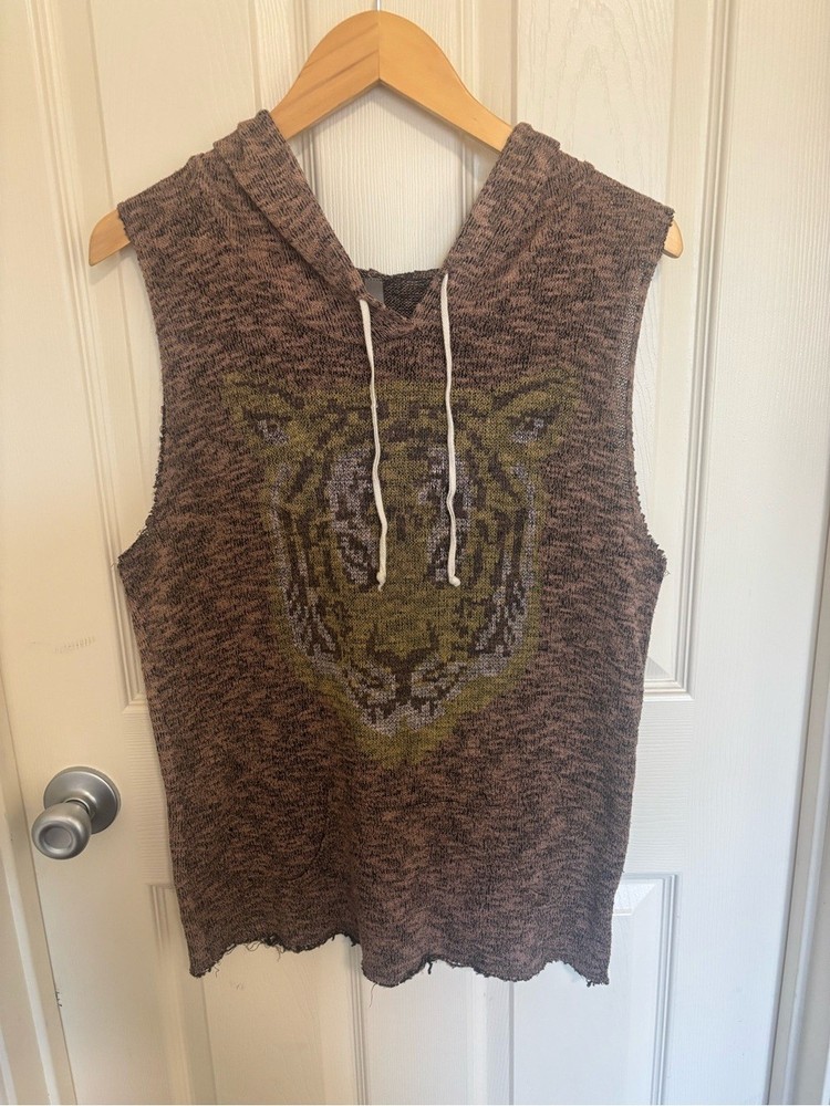 Jesse & J Made in USA Tiger Knit Sleeveless Hoodie Brown Olive XL