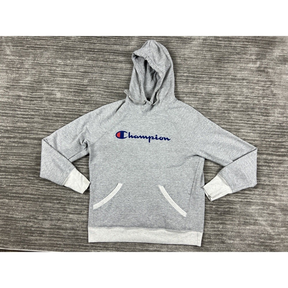 Champion Hoodie Mens Small Gray Script Logo Pullover GF934 Raglan Fleece Sport
