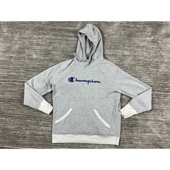 Champion Hoodie Mens Small Gray Script Logo Pullover GF934 Raglan Fleece Sport