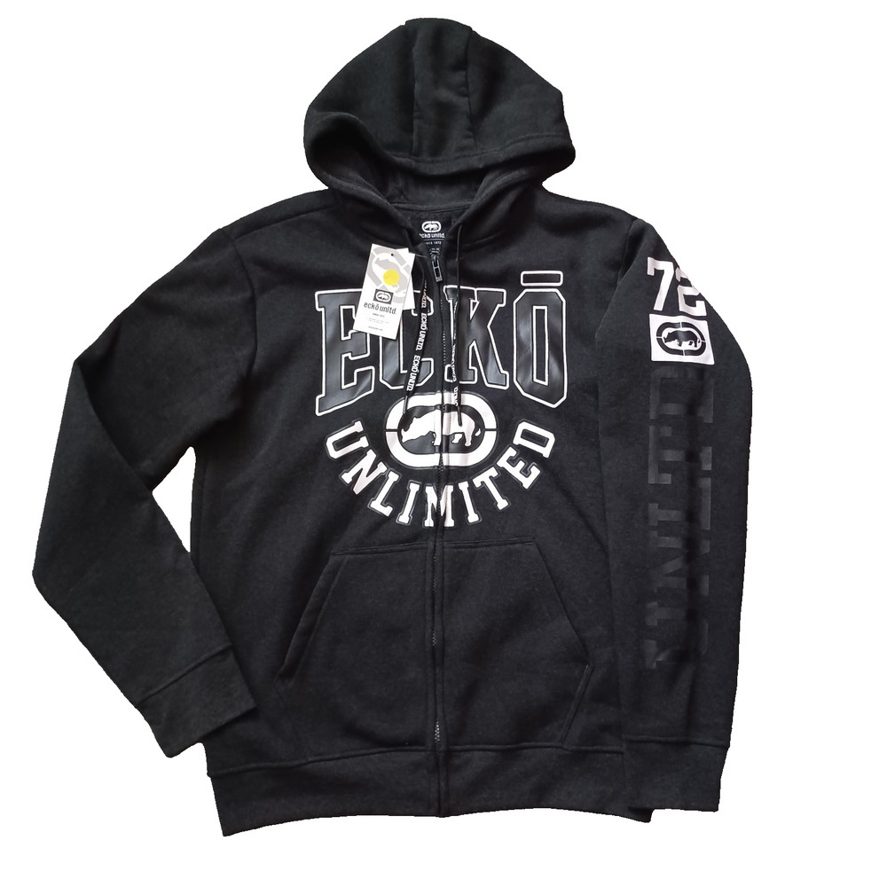 Ecko Unltd Hoodie Mens Medium Gray Full Zip Sweatshirt Logo Front Sleeve NWT