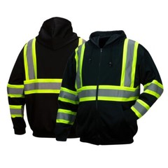 Hi Vis ANSI Reflective Work Safety Black Zip Up Hooded Sweatshirt Fleece Hoodie