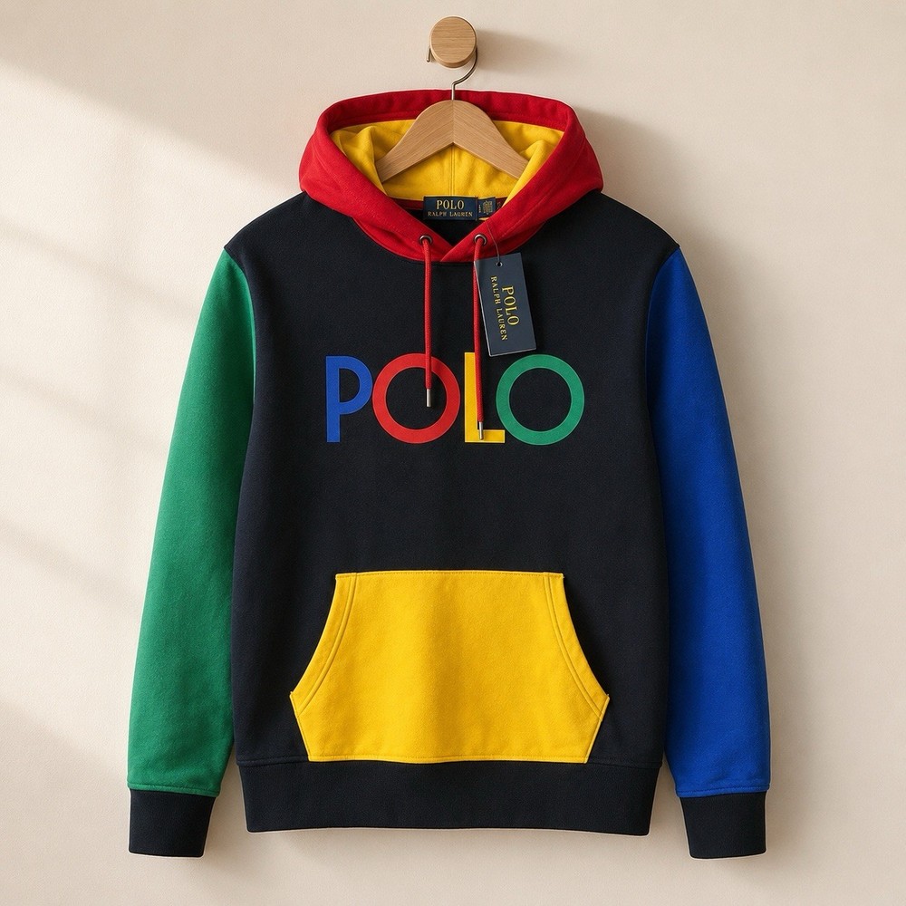 Polo Ralph Lauren Men Color Block Hoodie Navy Blue Yellow Pocket Size Large