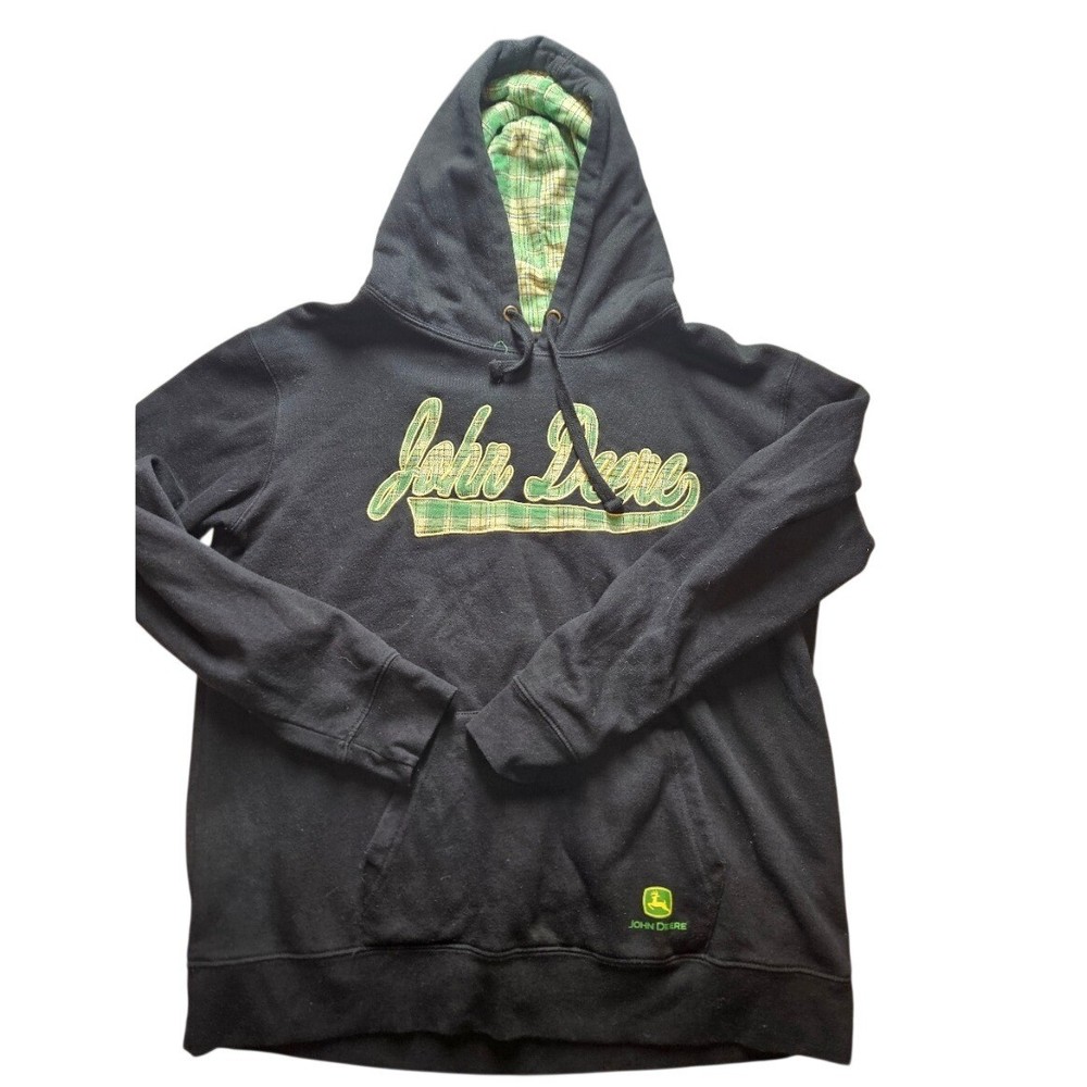 John Deere Mens Hoodie Black Plaid Lined Logo Pullover Sweatshirt Large