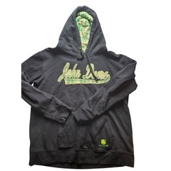 John Deere Mens Hoodie Black Plaid Lined Logo Pullover Sweatshirt Large