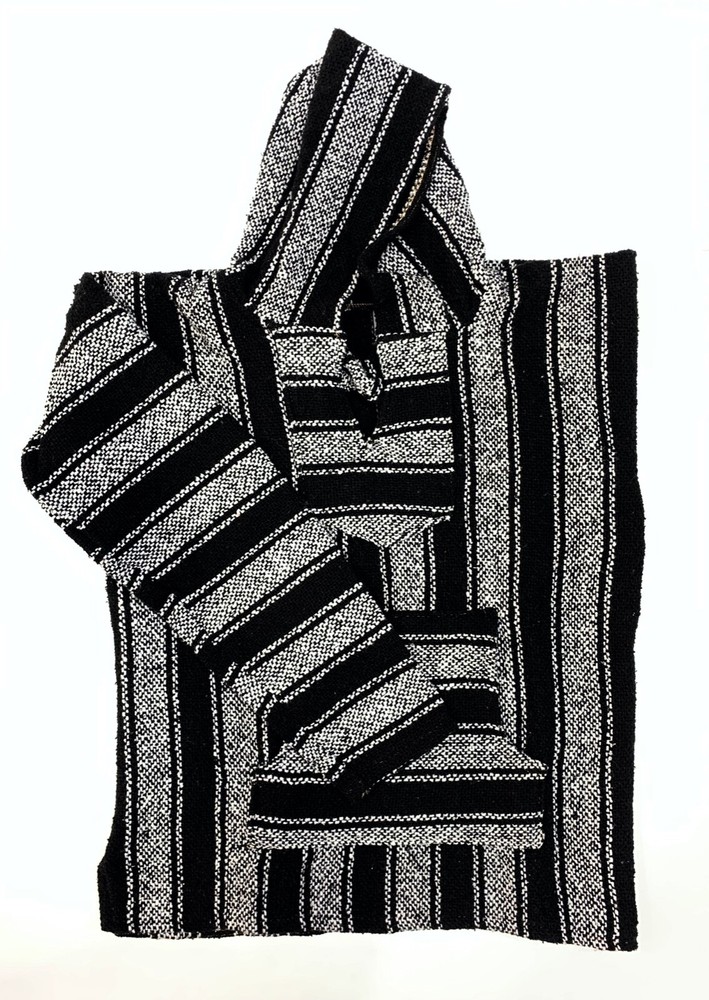 NEW Mexican Poncho Baja Hoodie Surfer Skater Drug Rug Pullover BLACK & WHITE