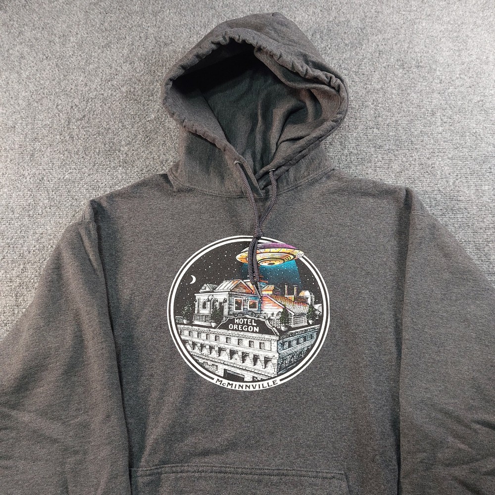 McMenamins McMinnville Hotel Oregon UFO Hoodie Mens Fits L Gray Alien PNW