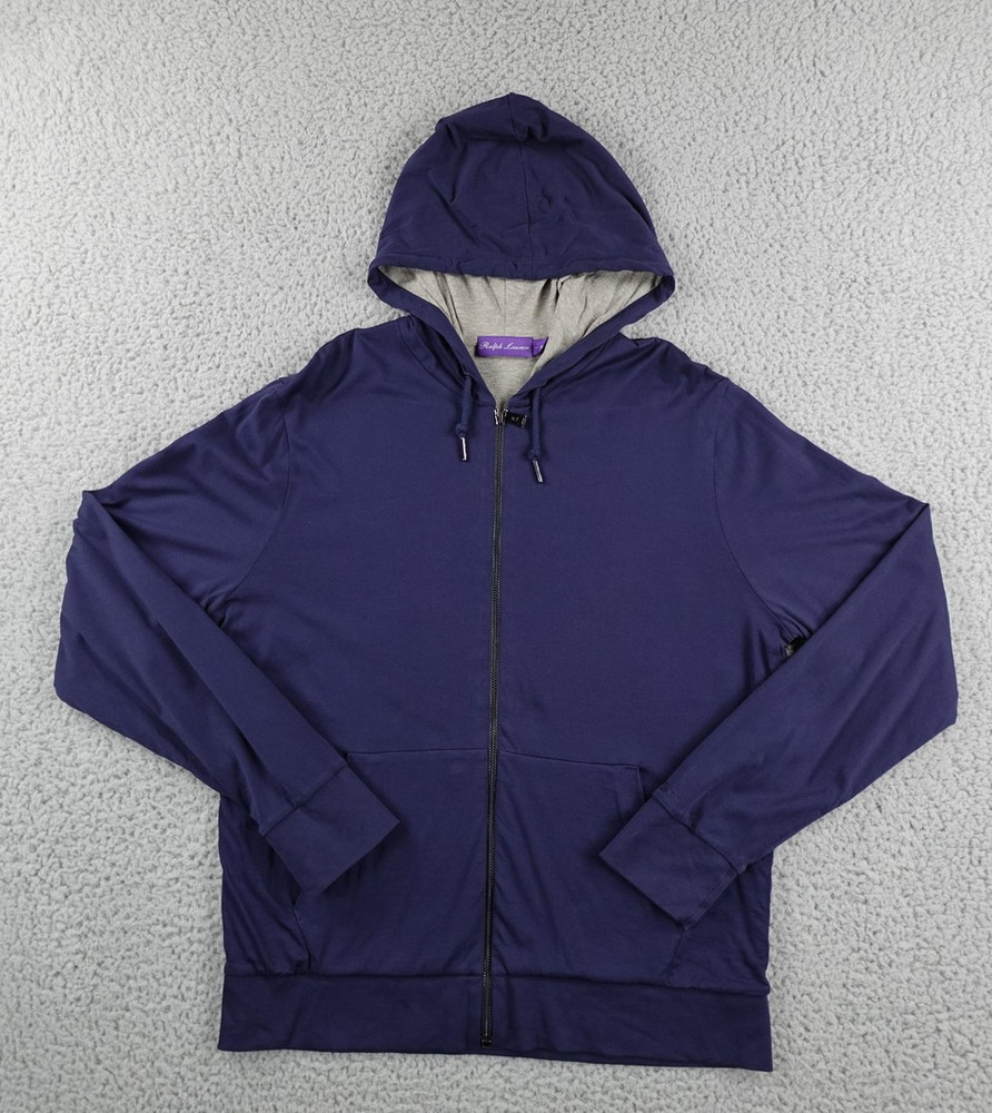 Ralph Lauren Purple Label Hoodie Mens Medium Blue Full Zip Jersey Logo Pockets