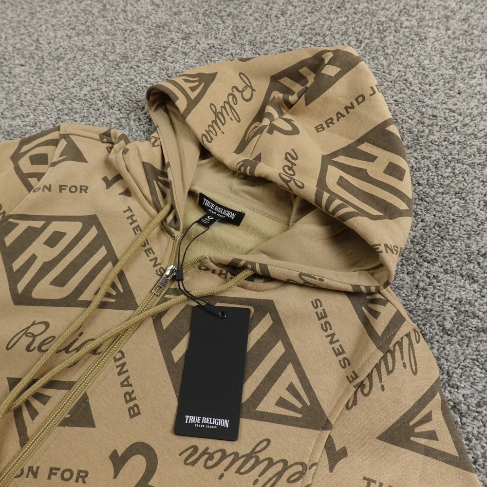 NEW True Religion Hoodie Mens S Beige Horseshoe Logo Full Zip Sweatshirt Jacket
