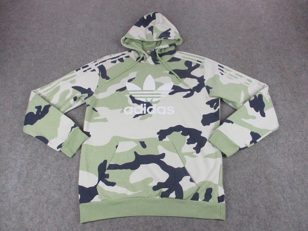 Adidas Hoodie Mens Medium Green White Camo Trefoil Logo Fleece Sweatshirt