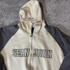 Sean John Hoodie Mens 2XL Beige Gray Full Zip Spell Out Sweatshirt Hip Hop XXL
