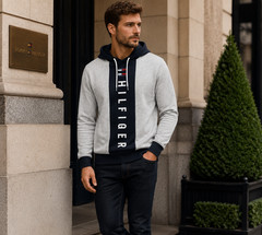 Tommy Hilfiger Men’s Hoodie Long Sleeves Big Logo Pullover Grey, Size S/P