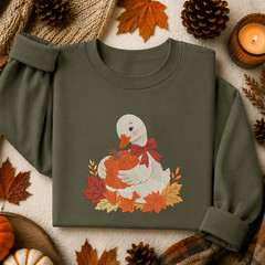 Fall Goose Sweatshirt Embroidered Adult Unisex Cozy Pumpkin Autumn Leaves Gift