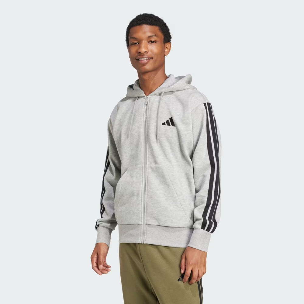 adidas Essentials 3-Stripes Fleece Hoodie Grey