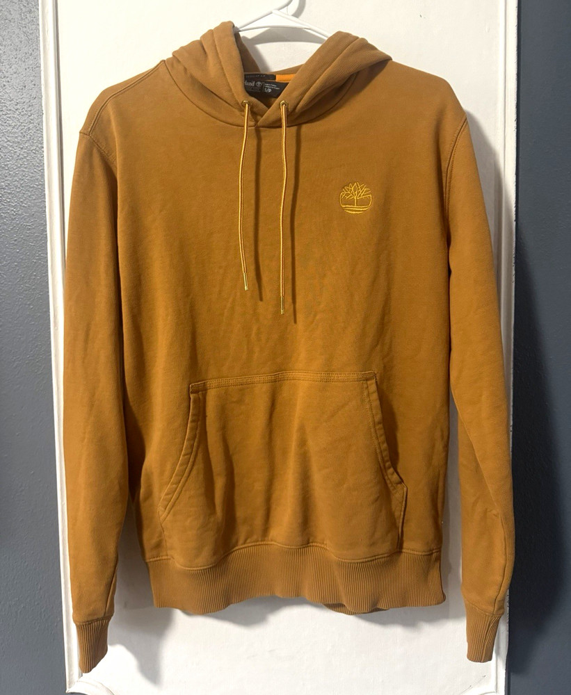 Timberland Men’s Brown Pullover Hoodie Embroidered Tree Logo Fleece S/P