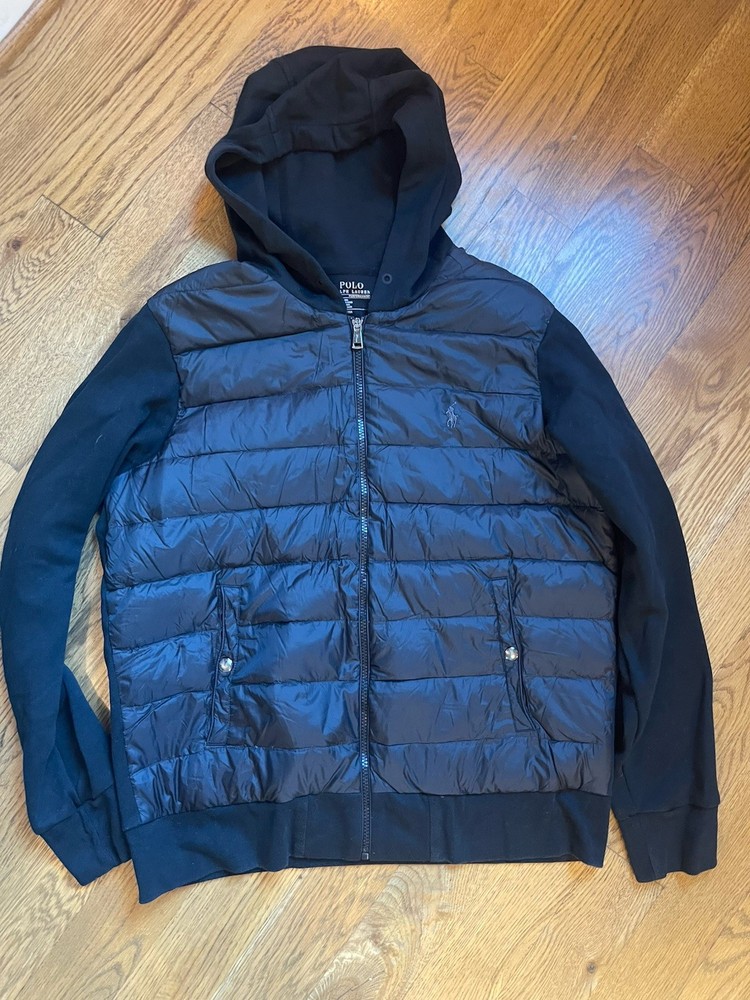 Polo Ralph Lauren Hoodie Mens Sz L Black Performance Puffer Front Full Zip Knit