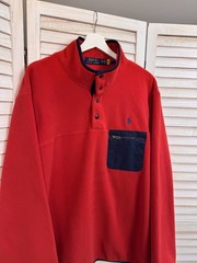 Polo Ralph Lauren L Red Navy Fleece Pullover Sweatshirt Snap Mock Neck Chest Po…