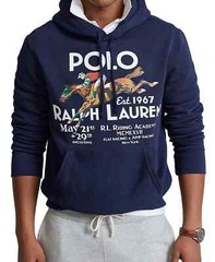 Polo Ralph Lauren Men VTG Equestrian Horse Riding Graphic Fleece Hoodie Navy