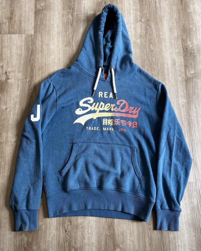 Superdry Japan Logo Hoodie Blue Graphic Pullover Sweatshirt Large