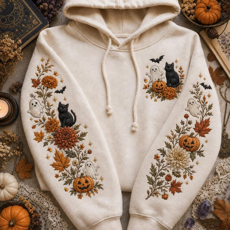 Pumpkin Spice Ghost Embroidered Hoodie, Spooky Season Hoodie, Black Cat Hallowee