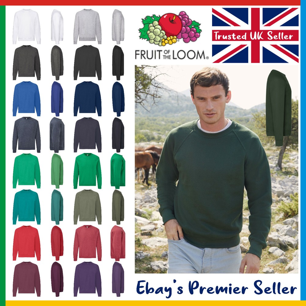 Mens Plain Sweatshirt – Fruit of the Loom Classic Top – Raglan Jumper 17 Colours