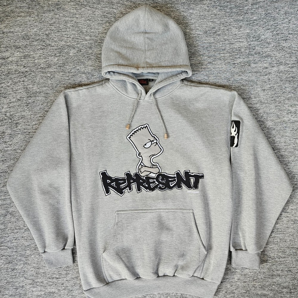 Vintage Y2K Bart Simpson L Grey Hoodie Represent Hip-Hop Gangster Rapper 2003