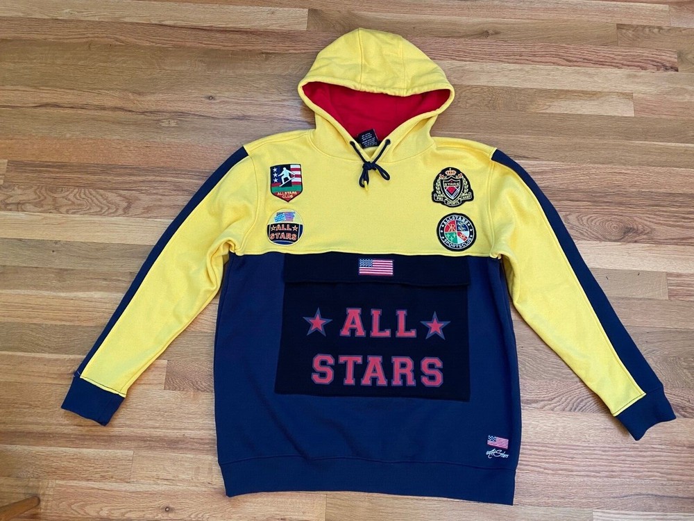 Krisp NYC ALL STARS Mens Colorblock Sweatshirt Hoodie XL Patches Sports Yellow