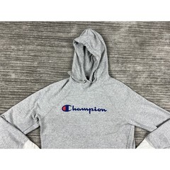 Champion Hoodie Mens Small Gray Script Logo Pullover GF934 Raglan Fleece Sport