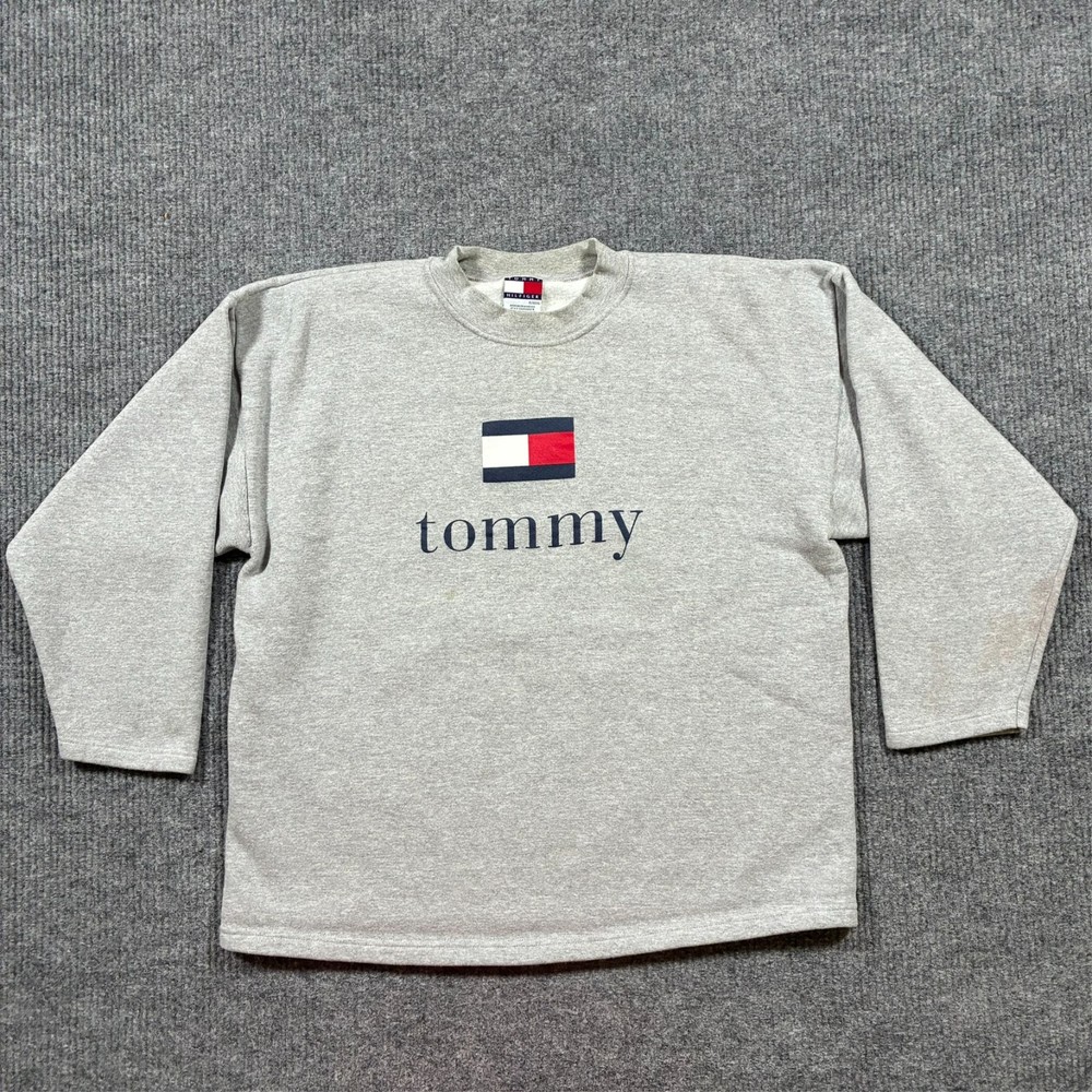 Tommy Hilfiger Mens Spellout Logo Sweatshirt XL Gray Crewneck Classic 90s Style