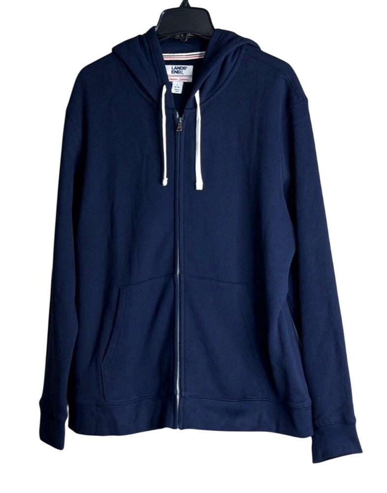Lands’ End Serious Sweats Men’s Full Zip Front Hoodie Navy Drawstring Size Large