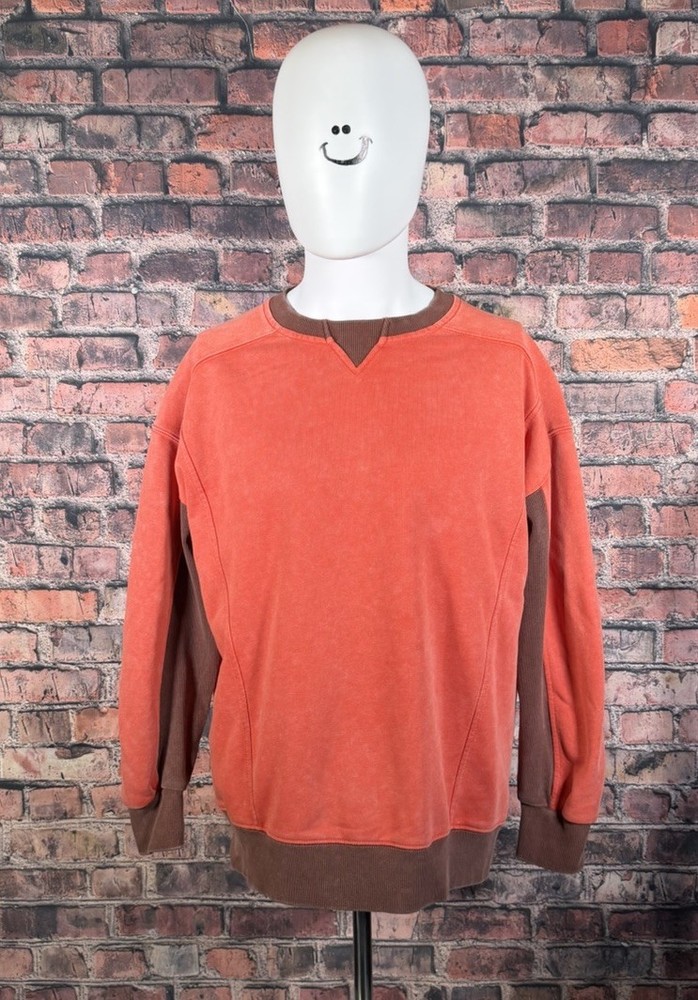 Men’s Orange Brown Colorblock Crew Neck Pullover Long Sleeve Sweatshirt Size S