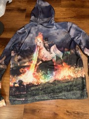 Getonfleek Unisex Hoodie Pullover XL Cat Riding Unicorn Rainbow Colorful Graphic