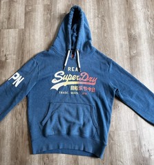 Superdry Japan Logo Hoodie Blue Graphic Pullover Sweatshirt Large