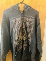 Affliction Denim Killer Distressed Full Zip Up Hoodie Front Back Reaper XL