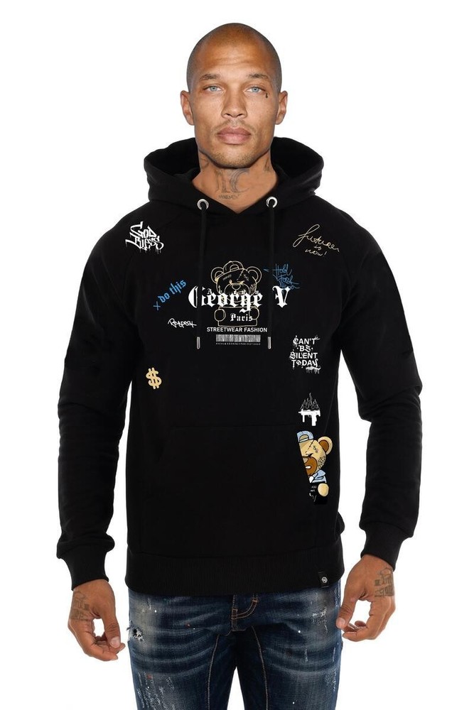Avenue George V Paris Men Long Sleeves Black Hoodie Multicolor Print Teddy Bear