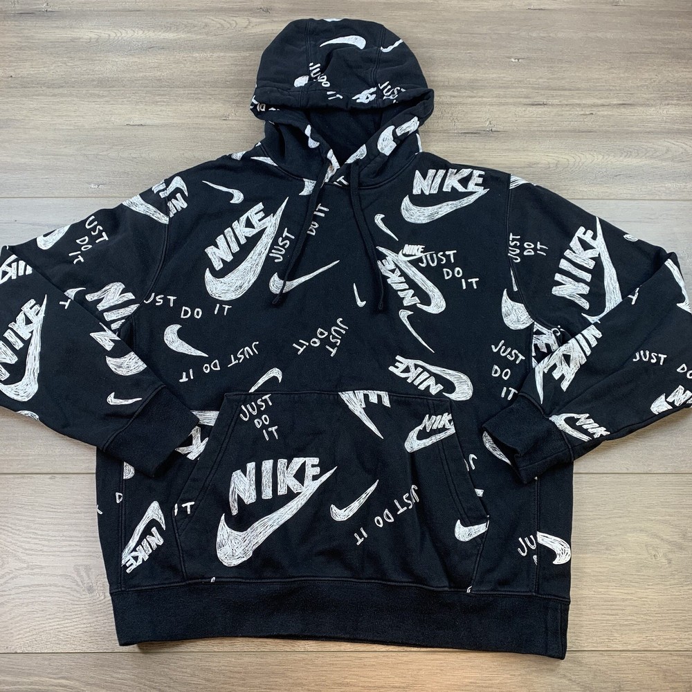 Nike Sportswear Club Hoodie Drawn Logo All Over Print Men’s Large Black/White